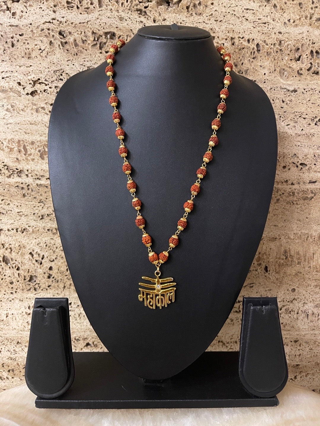 Gold-Plated Brown Beads Brass Lord Shiva Mahakal Locket Wood Pendant for Men & Women