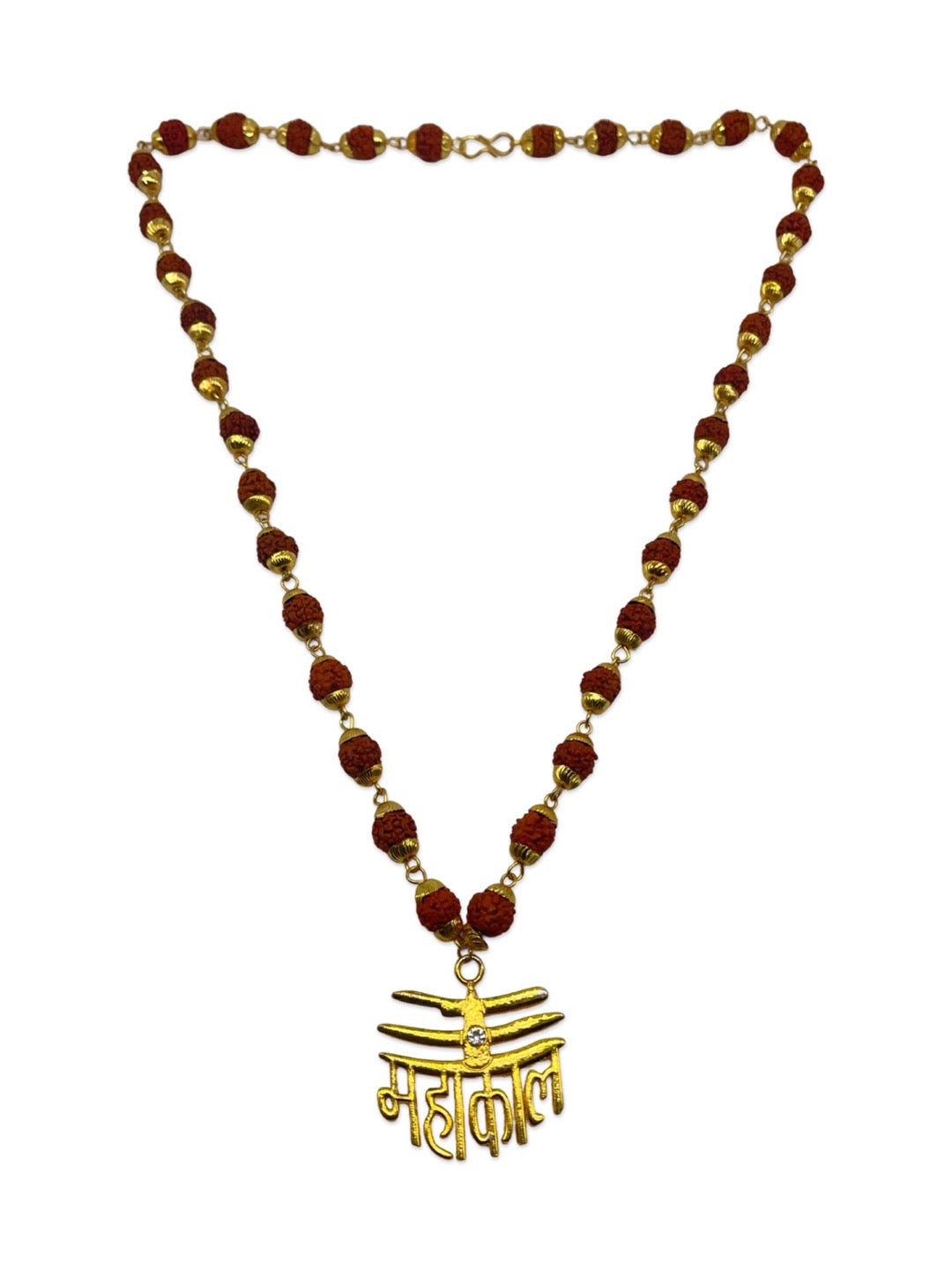 Gold-Plated Brown Beads Brass Lord Shiva Mahakal Locket Wood Pendant for Men & Women