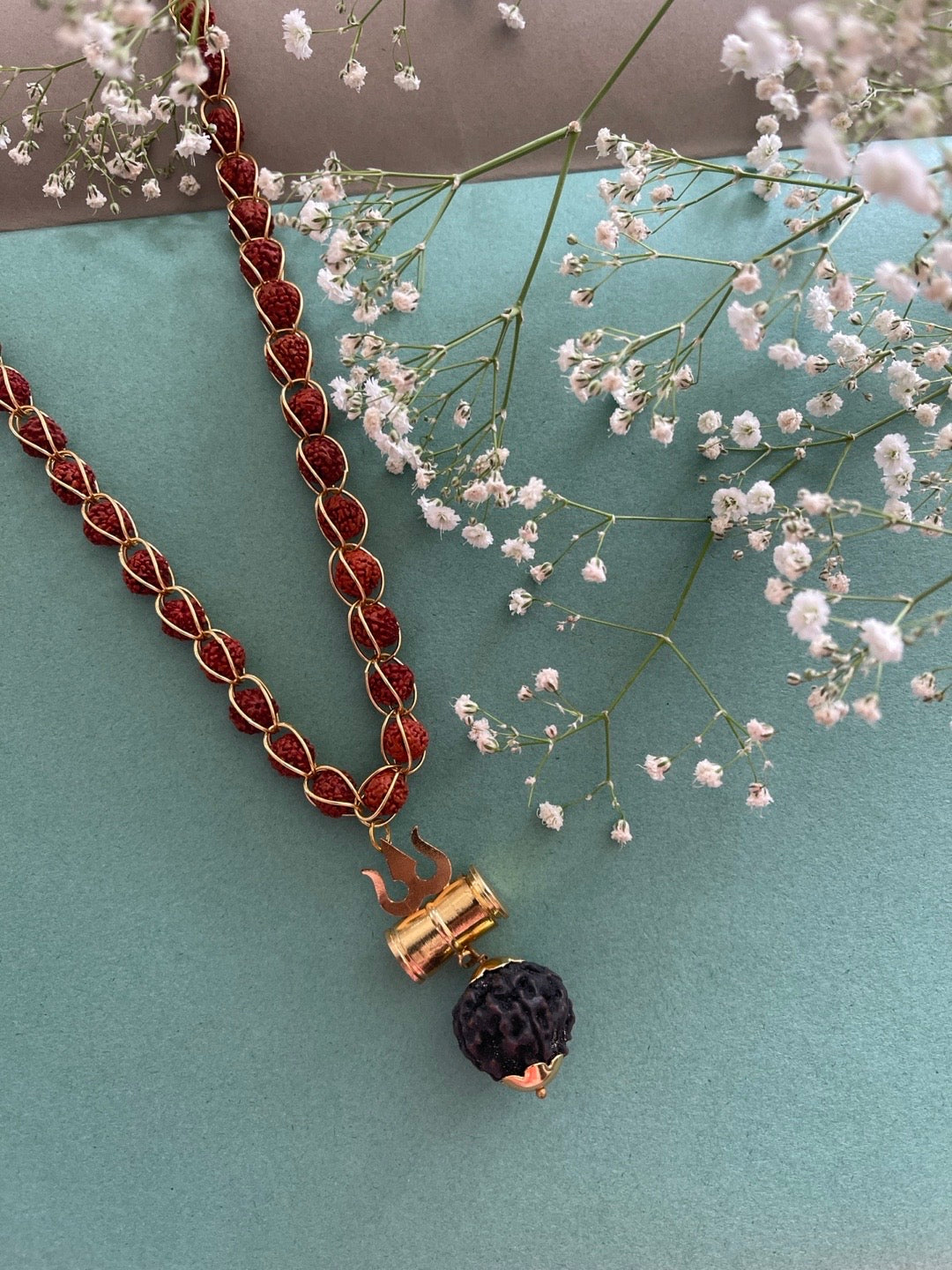 Gold Plated Rudraksha Mala Trishul Damaru Design