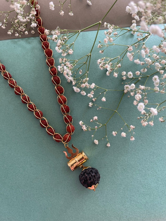 Gold Plated Rudraksha Mala Trishul Damaru Design