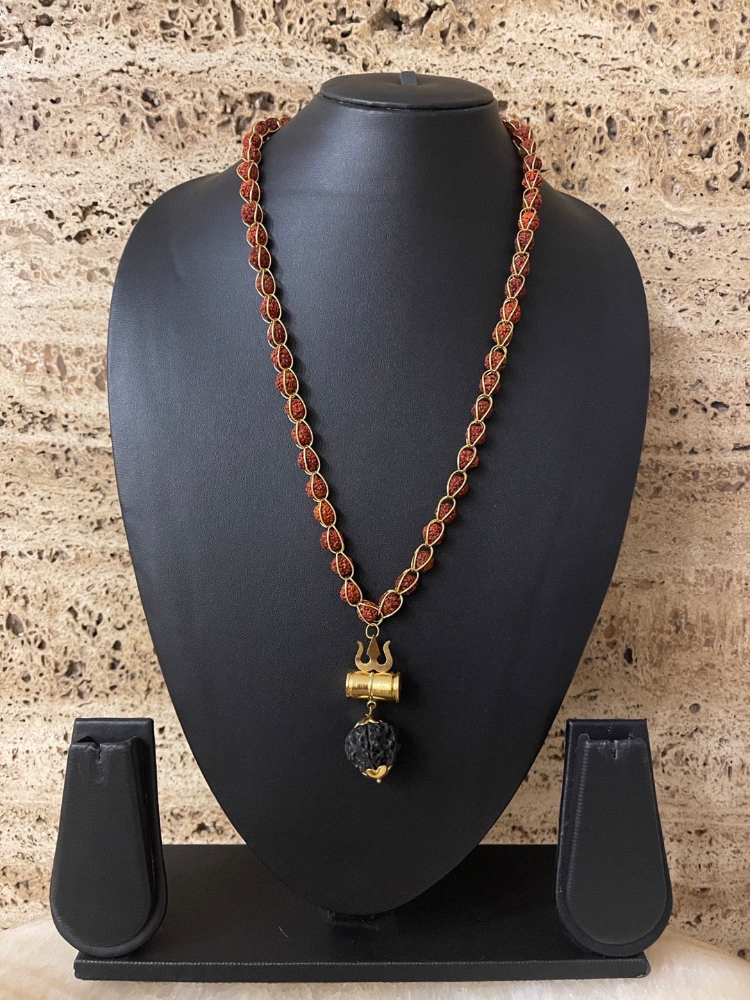 Gold Plated Rudraksha Mala Trishul Damaru Design