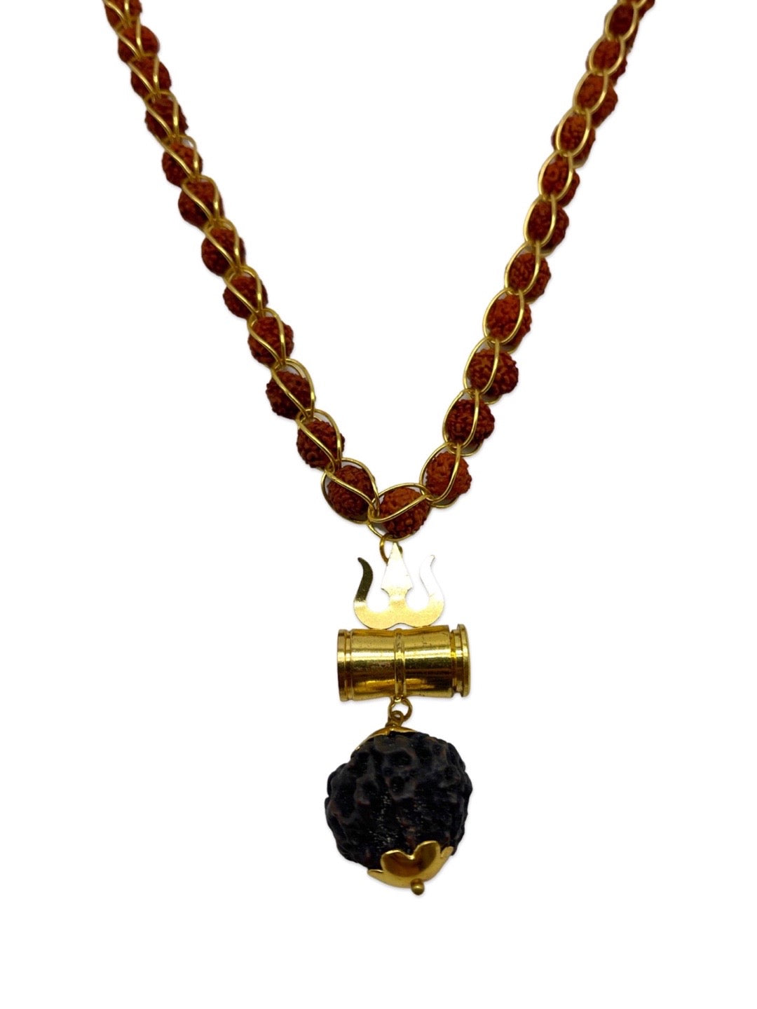 Gold Plated Rudraksha Mala Trishul Damaru Design