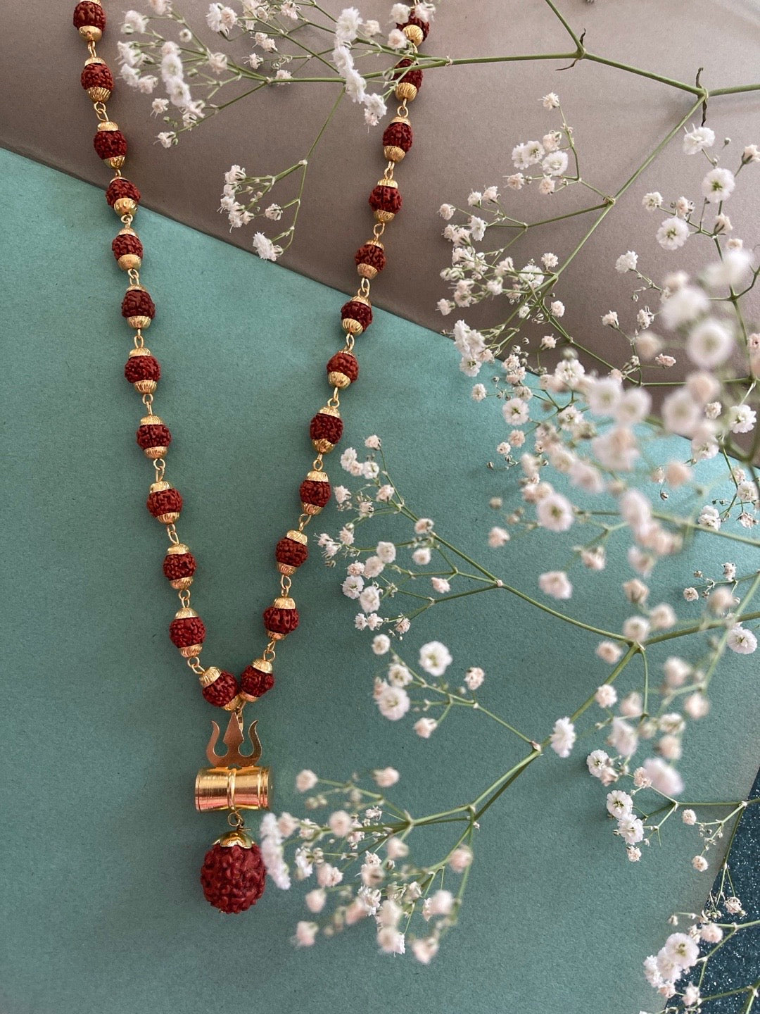 Gold Plated Rudraksha Mala Trishul damaru Design