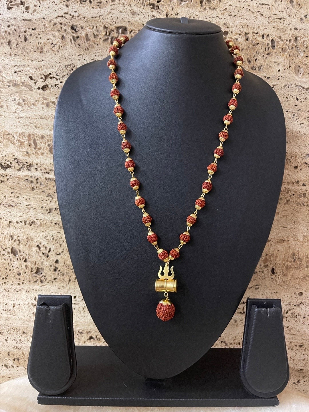 Gold Plated Rudraksha Mala Trishul damaru Design