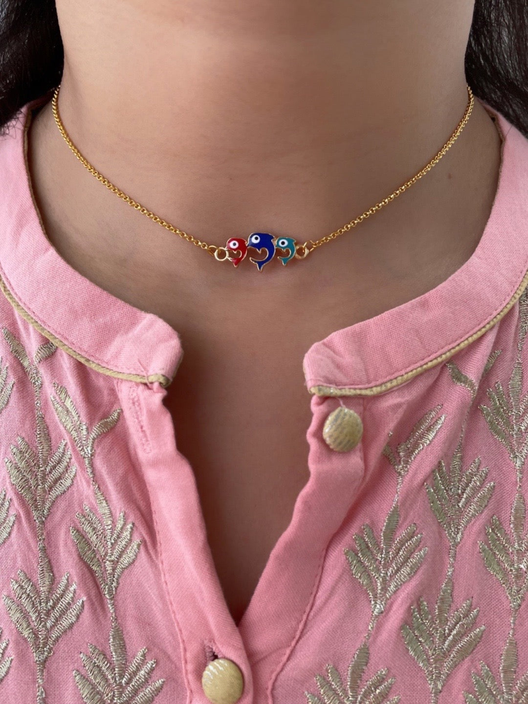 Gold Plated Choker Necklace Dolphin Multicolor Enamal Evil Eye Design Pendant