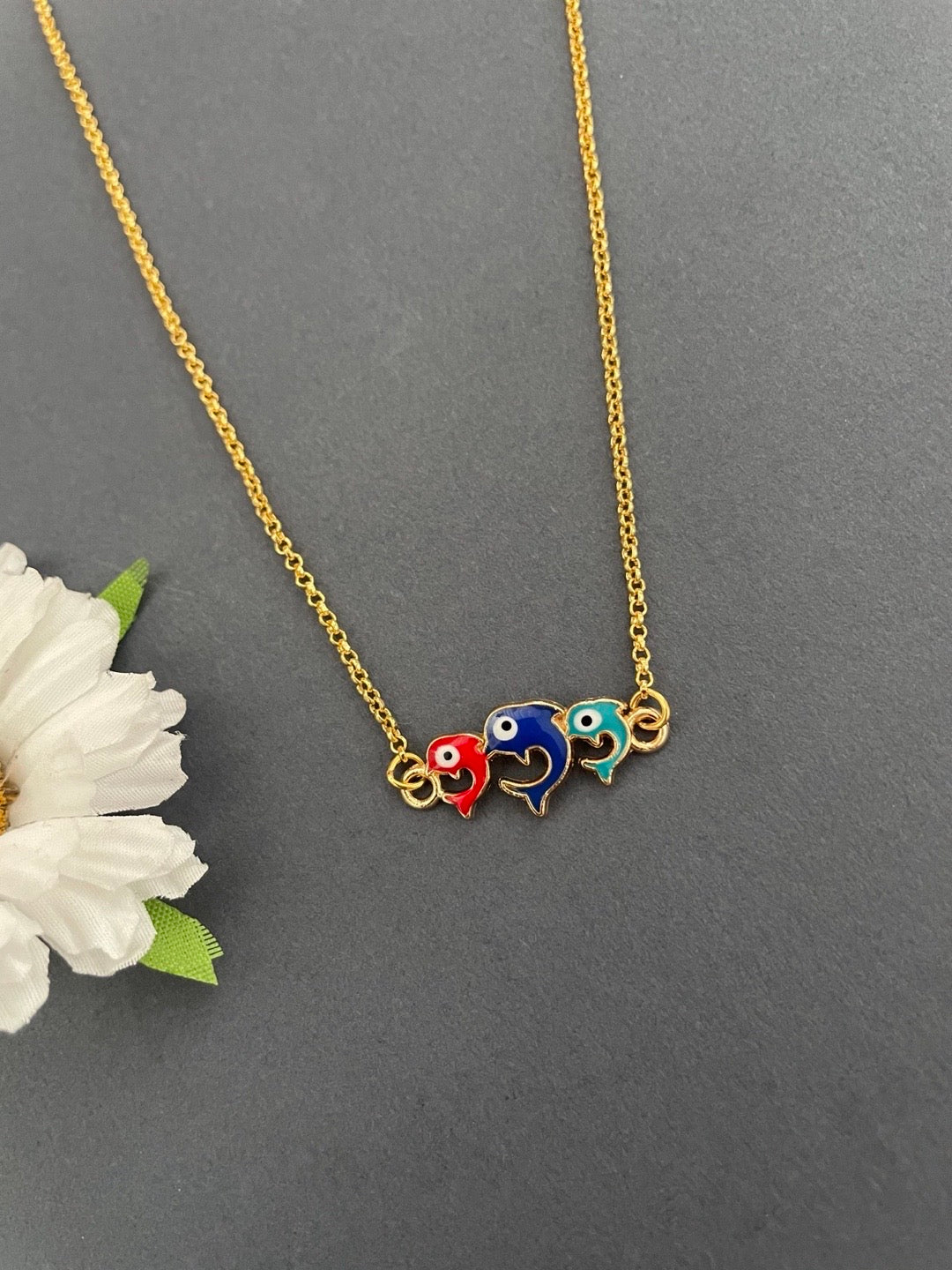 Gold Plated Choker Necklace Dolphin Multicolor Enamal Evil Eye Design Pendant