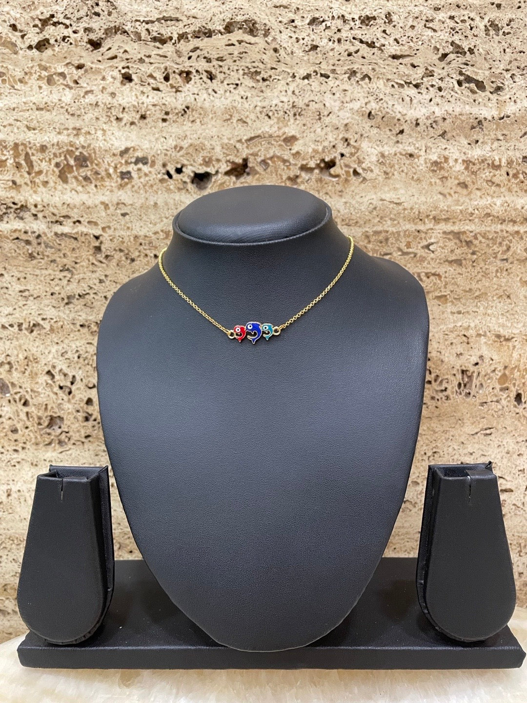 Gold Plated Choker Necklace Dolphin Multicolor Enamal Evil Eye Design Pendant