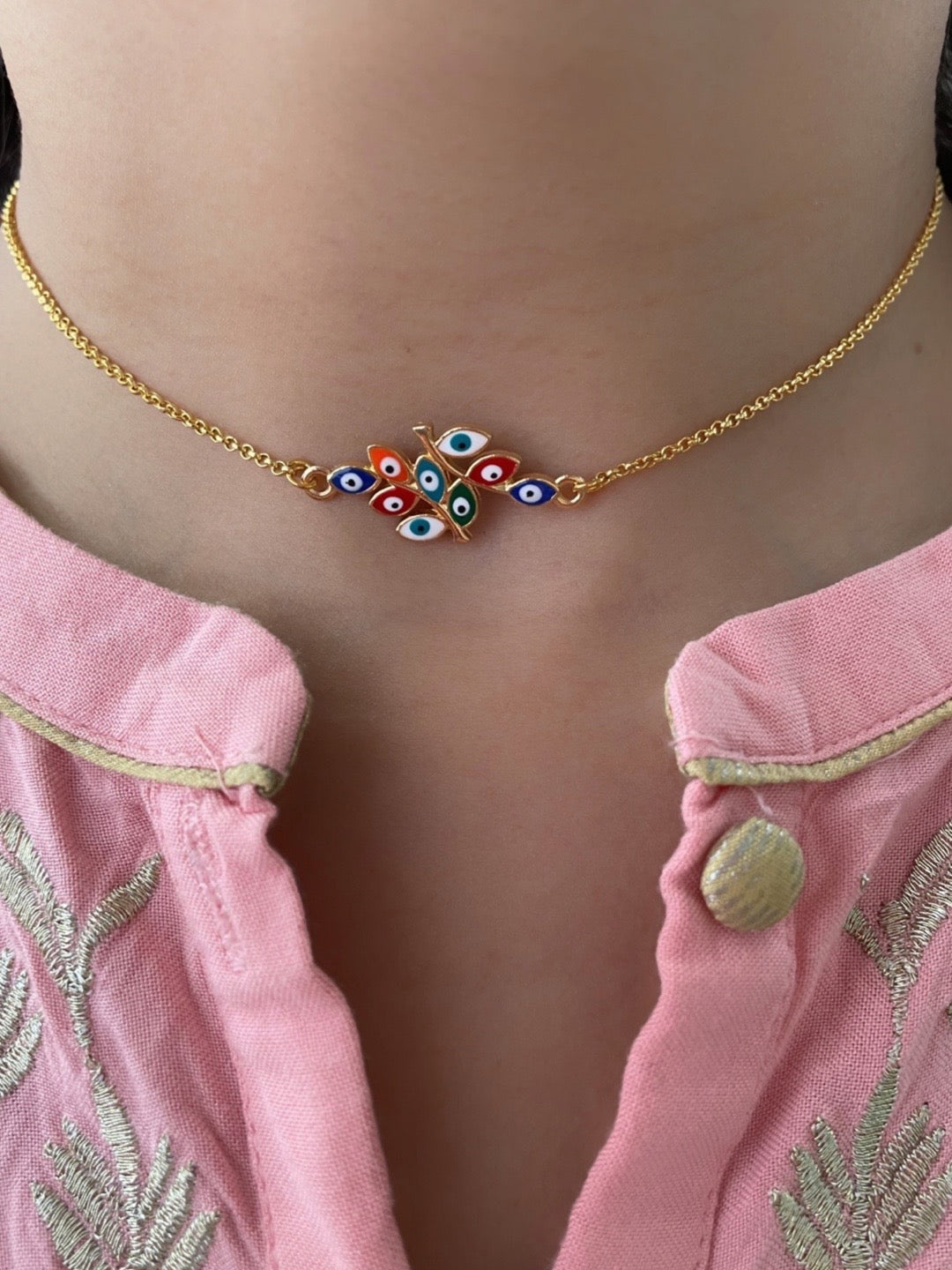 Gold Plated Choker Necklace Leaf Multicolor Evil Eye Design Pendant