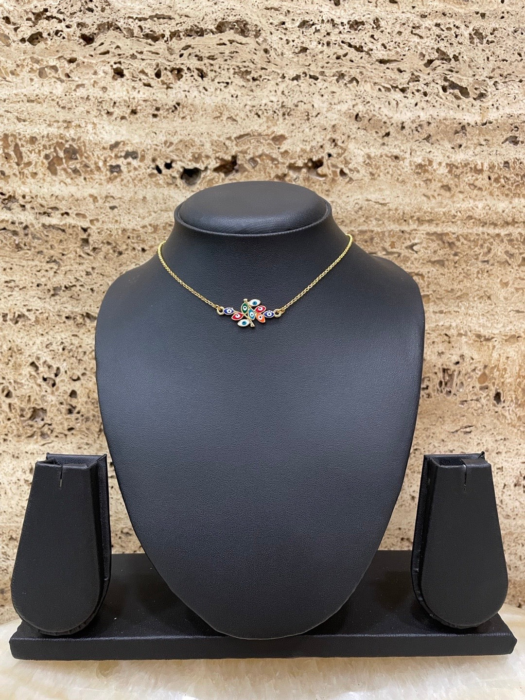 Gold Plated Choker Necklace Leaf Multicolor Evil Eye Design Pendant