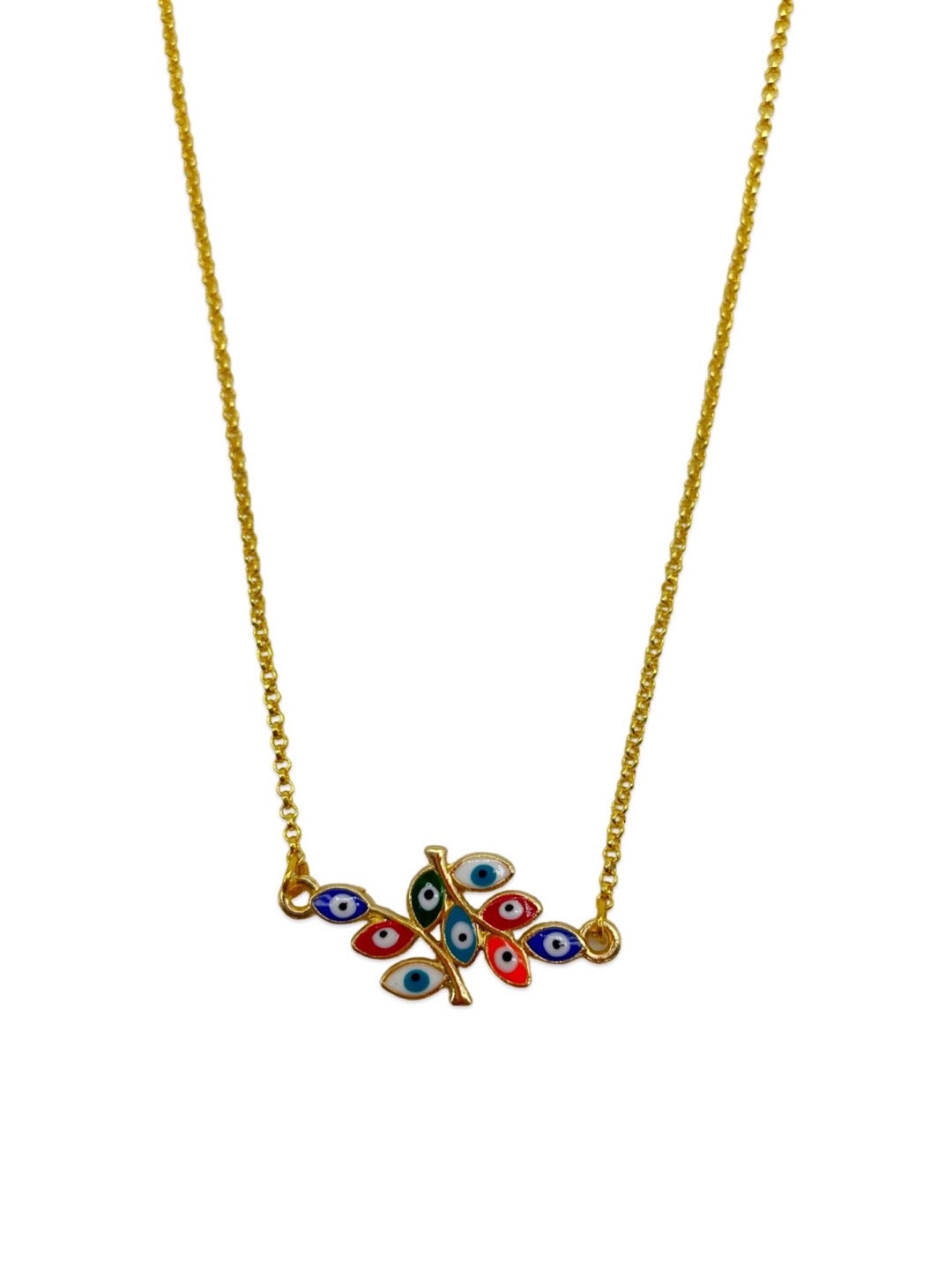 Gold Plated Choker Necklace Leaf Multicolor Evil Eye Design Pendant