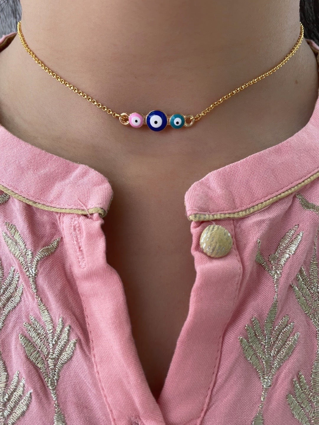 Gold Plated Choker Necklace 3 Color Evil Eye Design Pendant