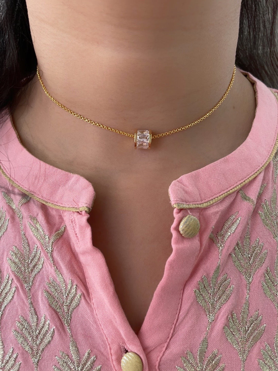 Gold Plated Choker Necklace Barrel Design AD Pendant