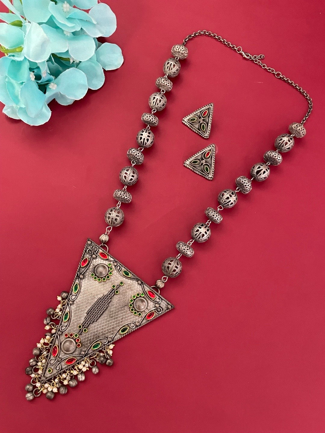 Boho Oxidized Long Necklace Set With Earring Triangle Tribal Design