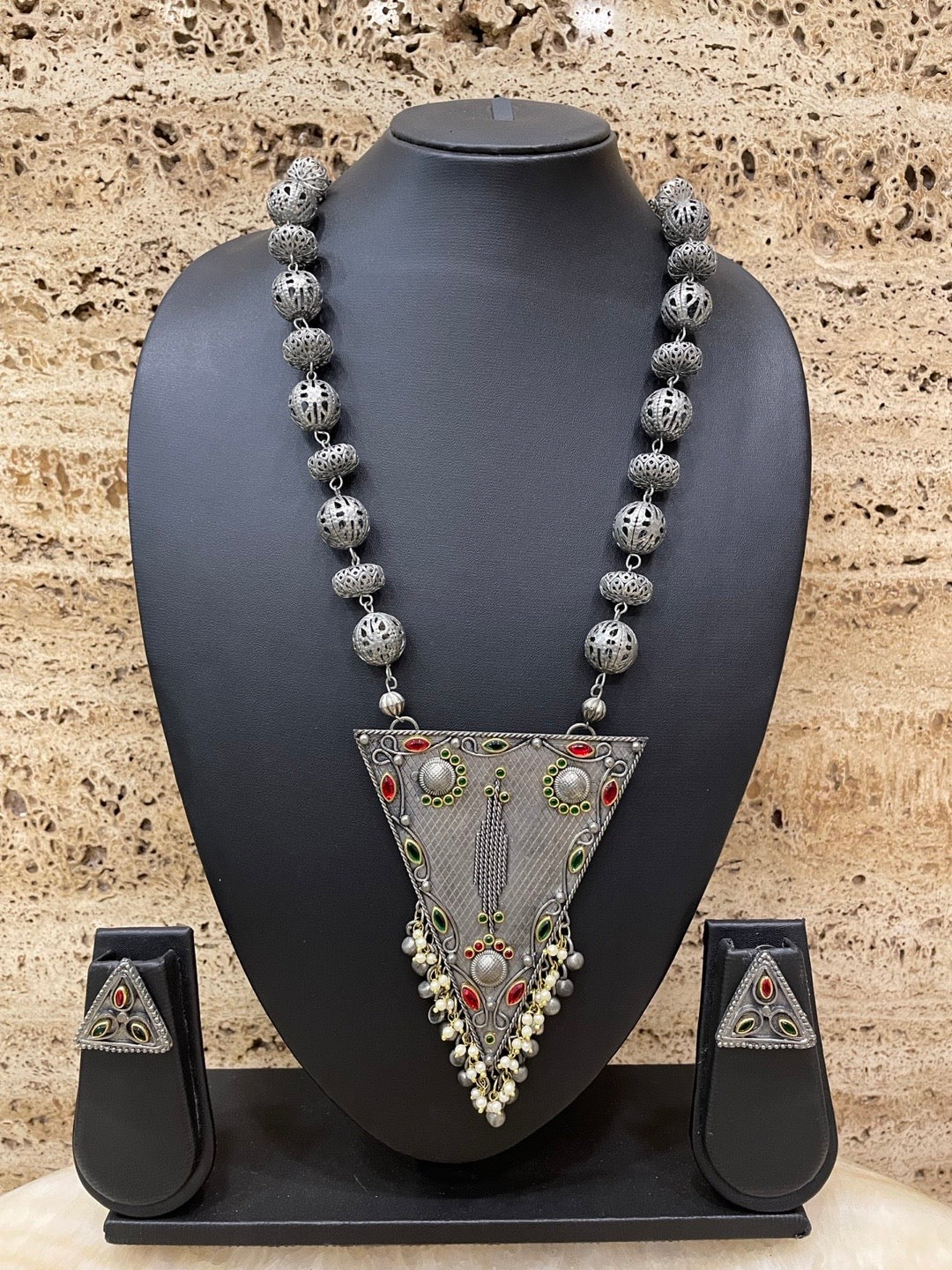 Boho Oxidized Long Necklace Set With Earring Triangle Tribal Design