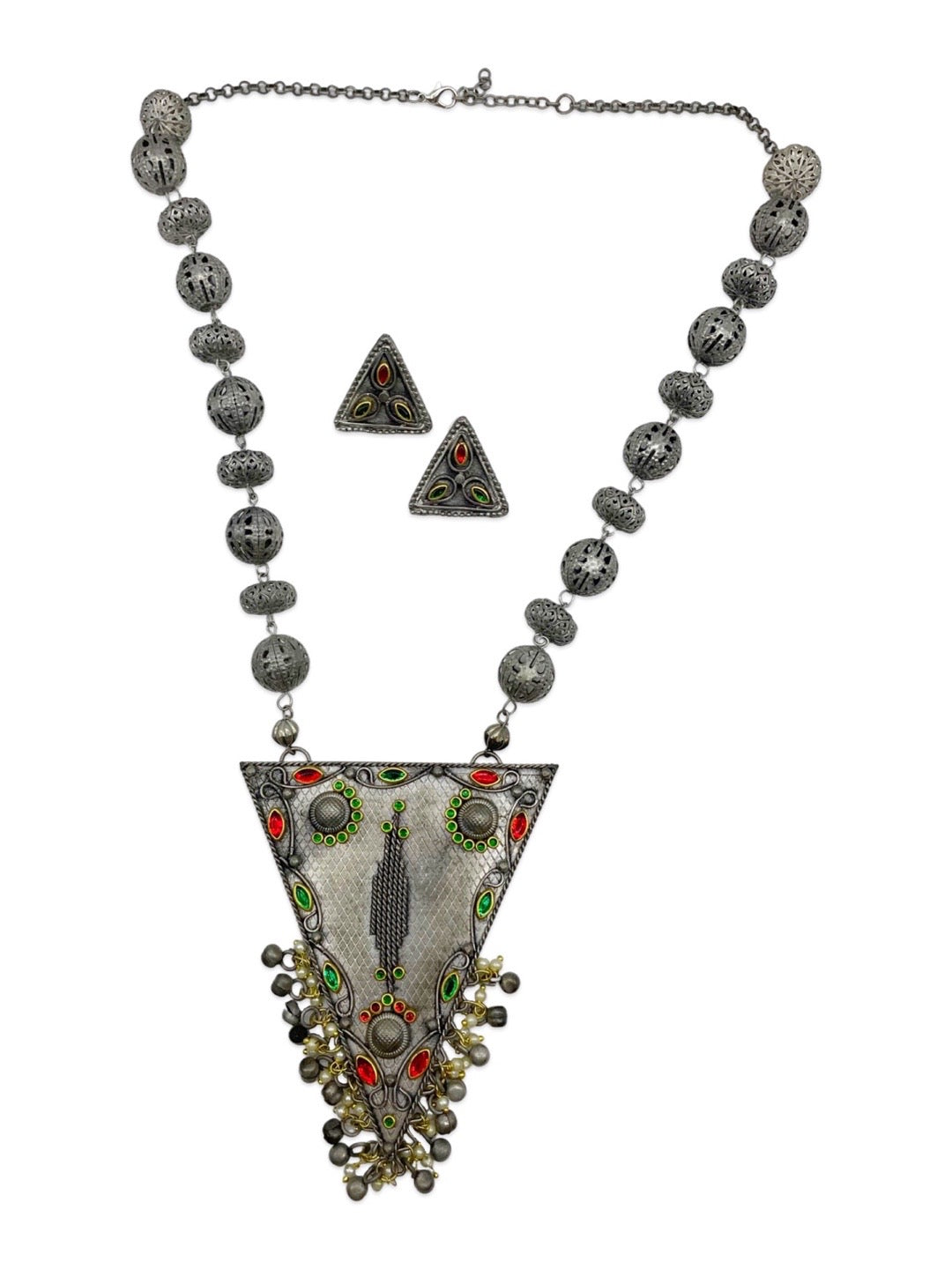 Boho Oxidized Long Necklace Set With Earring Triangle Tribal Design