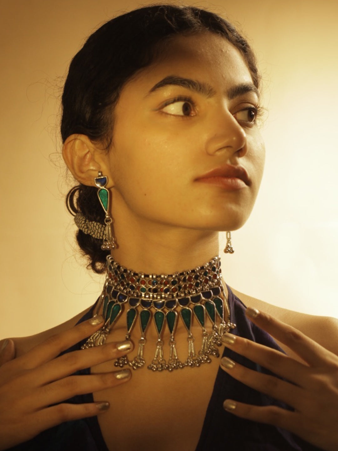 Boho Oxidized Choker Necklace Set With Dangle Earrings Blue Green Enamal Design