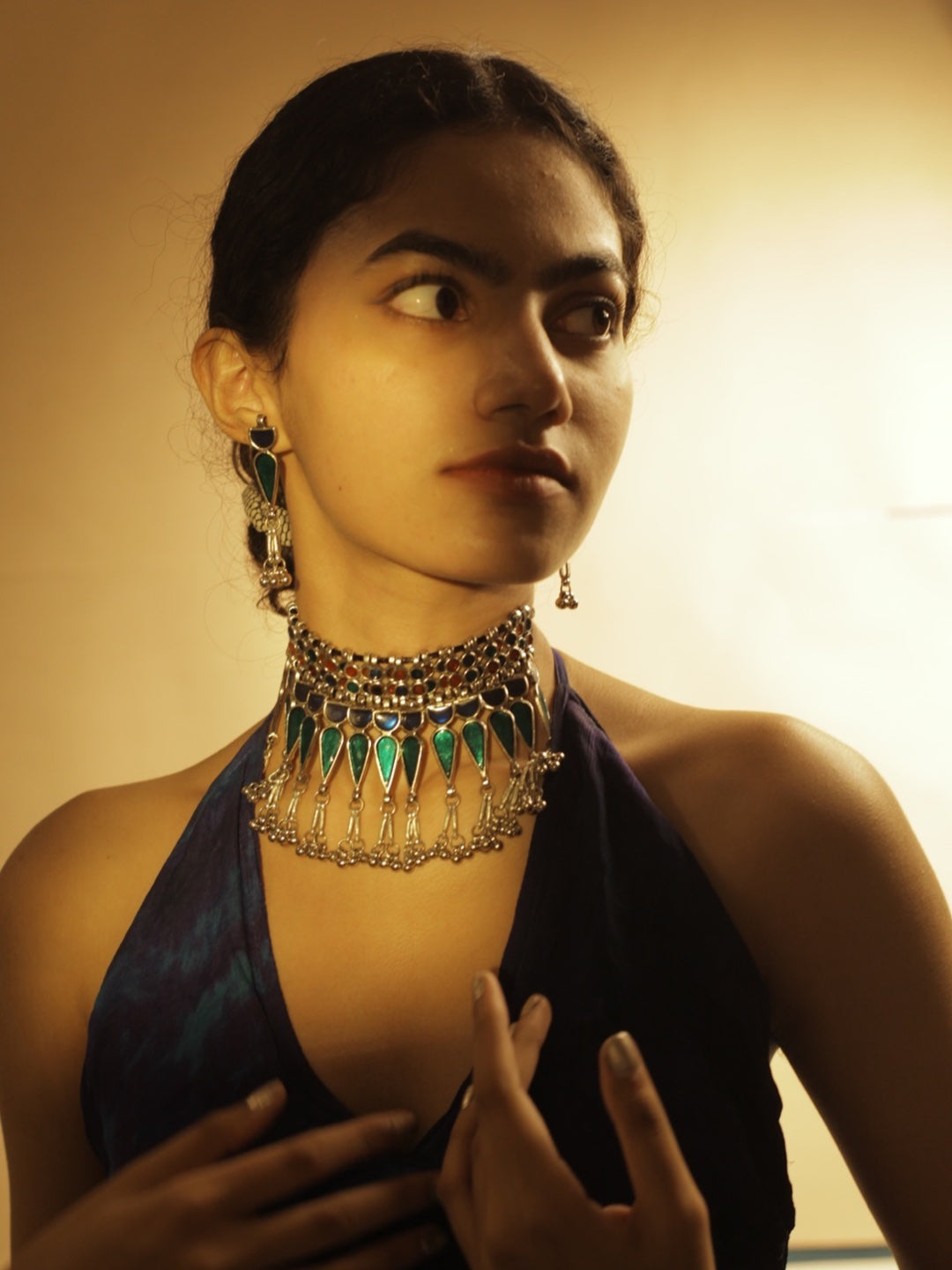 Boho Oxidized Choker Necklace Set With Dangle Earrings Blue Green Enamal Design