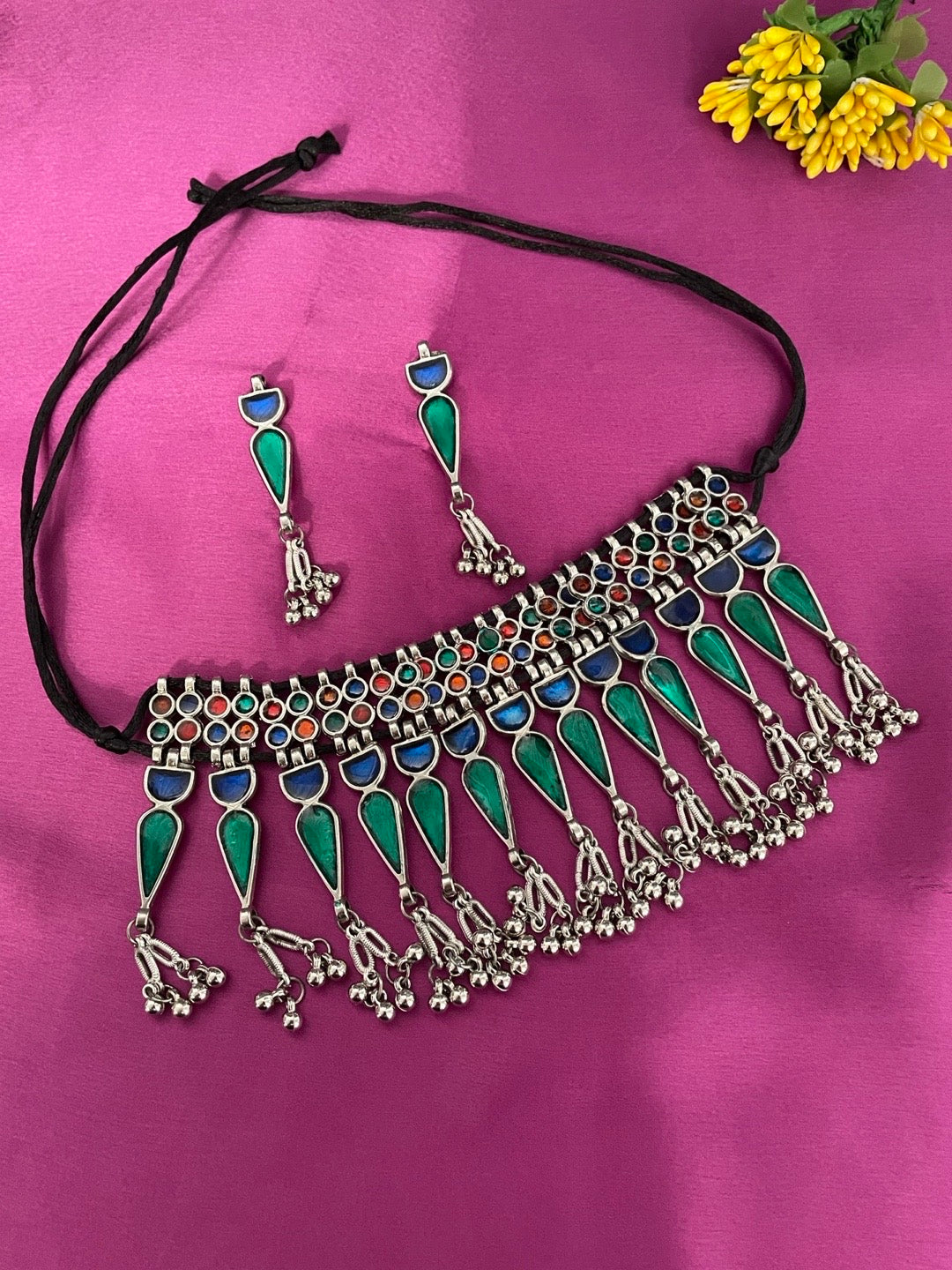 Boho Oxidized Choker Necklace Set With Dangle Earrings Blue Green Enamal Design