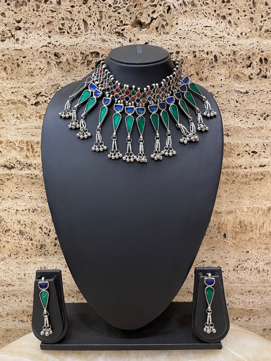 Boho Oxidized Choker Necklace Set With Dangle Earrings Blue Green Enamal Design
