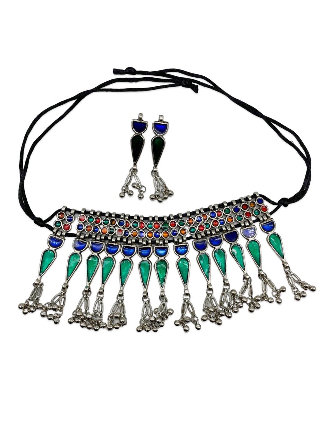 Boho Oxidized Choker Necklace Set With Dangle Earrings Blue Green Enamal Design