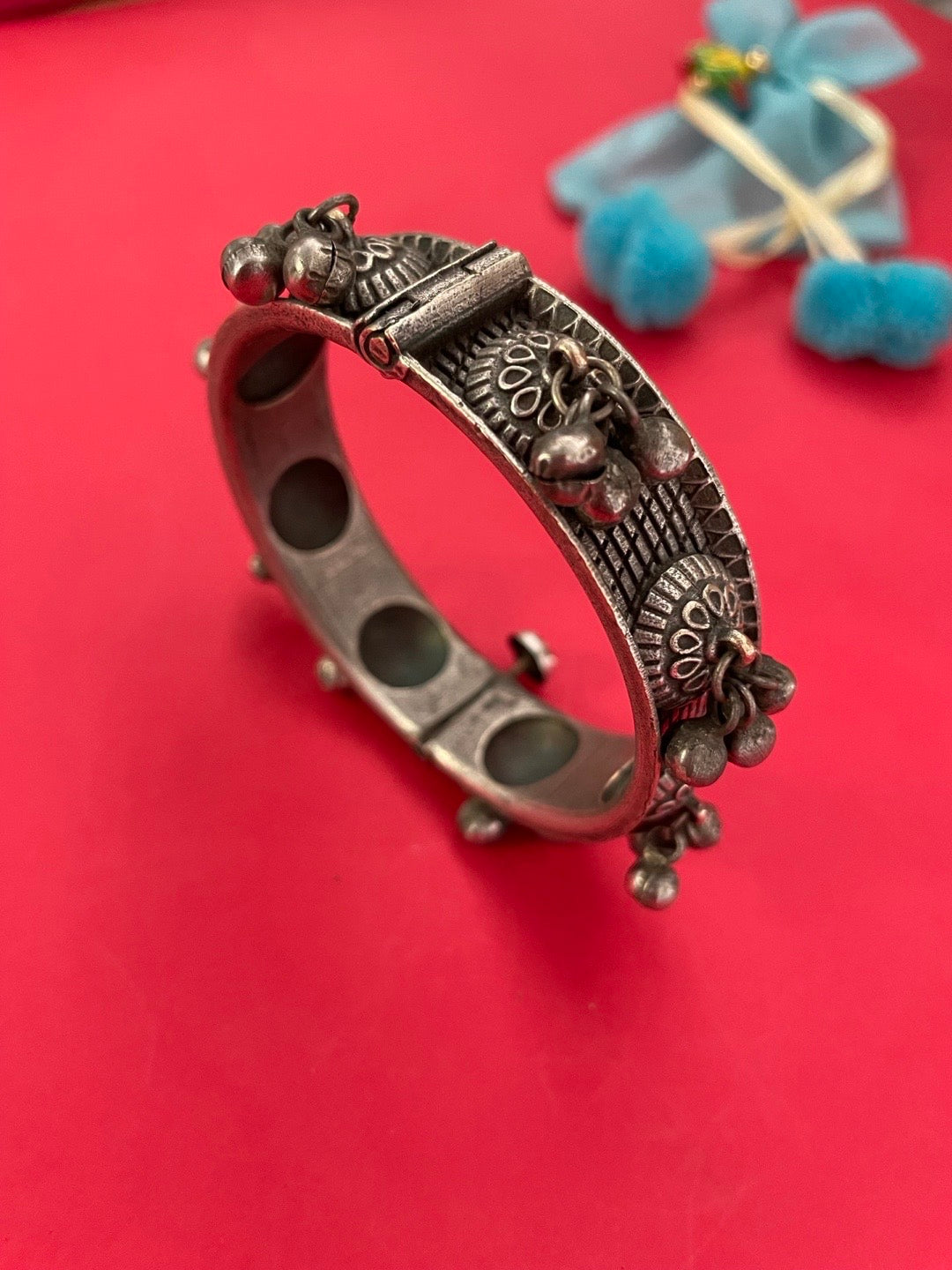 Silver Oxidized Flower with Ghungroo Design Bangle kada