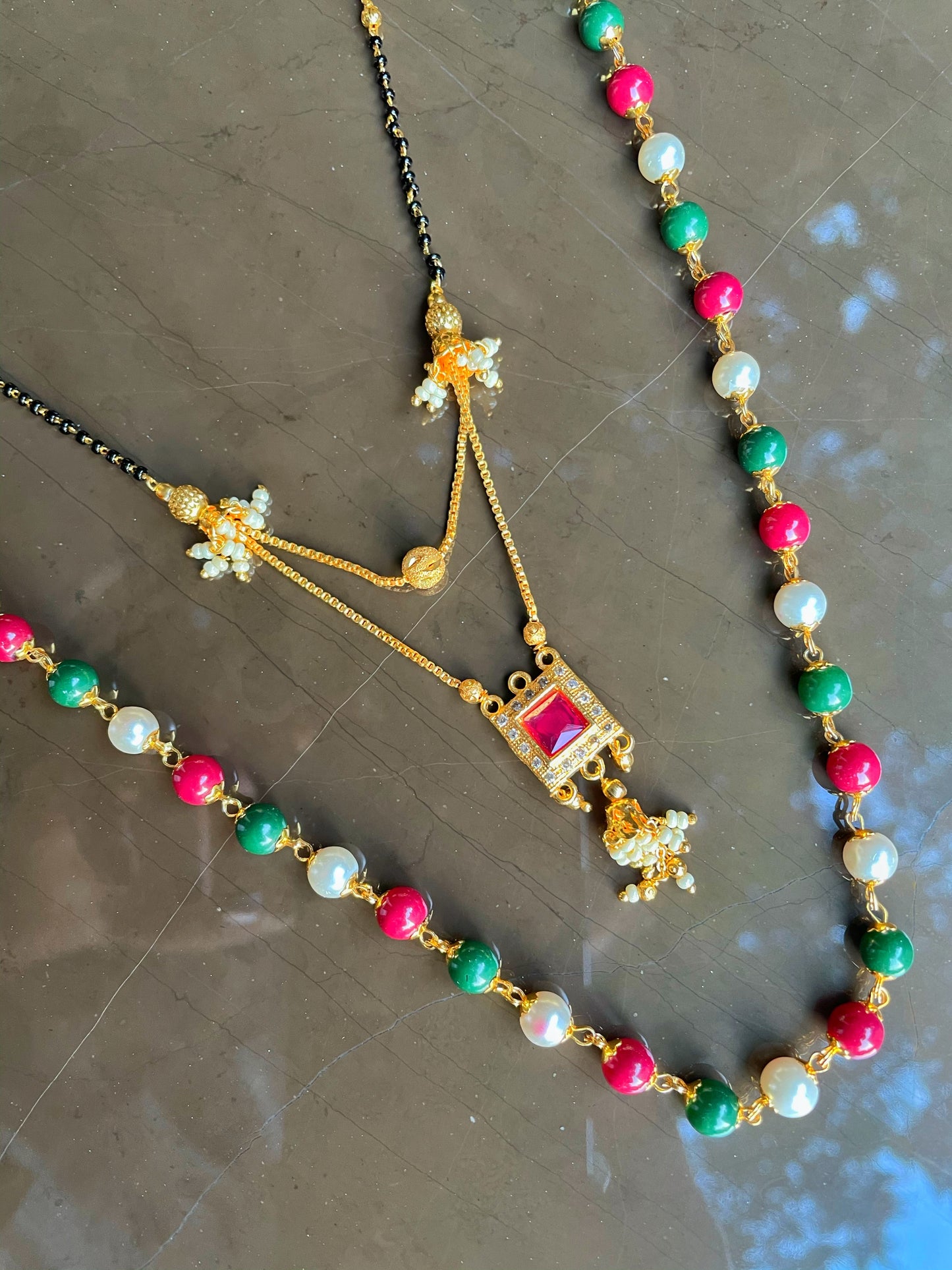 Combo offer (set of 2) Multi Color Moti Mala (24 inch) & Short Mangalsutra (16 inch) One Gram Gold Plated Red Stone in Square Shape Pendant with Moti Latkan Layered Pattern New Mangalsutras Designs For Women