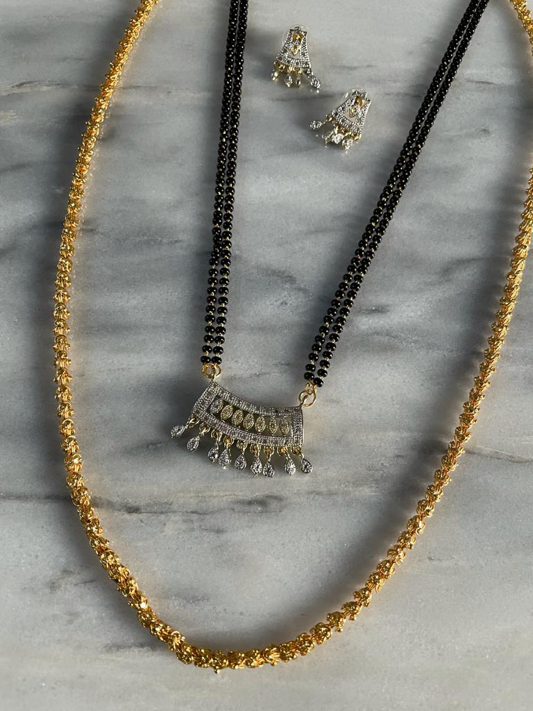 Combo Offer (Set of 2) Long Mangalsutra Designs Gold Plated American Diamond Pendant with Earrings & Gold Necklace Chain