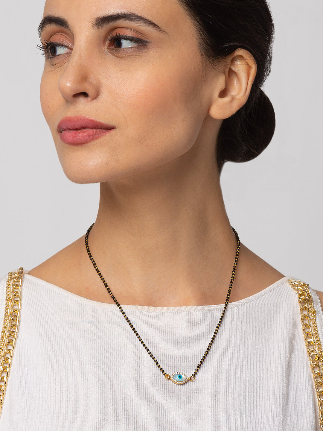 Combo Set of 2 Gold Plated Short Mangalsutra Design and Long Mangalsutra Design Evil Eye AD Pendant