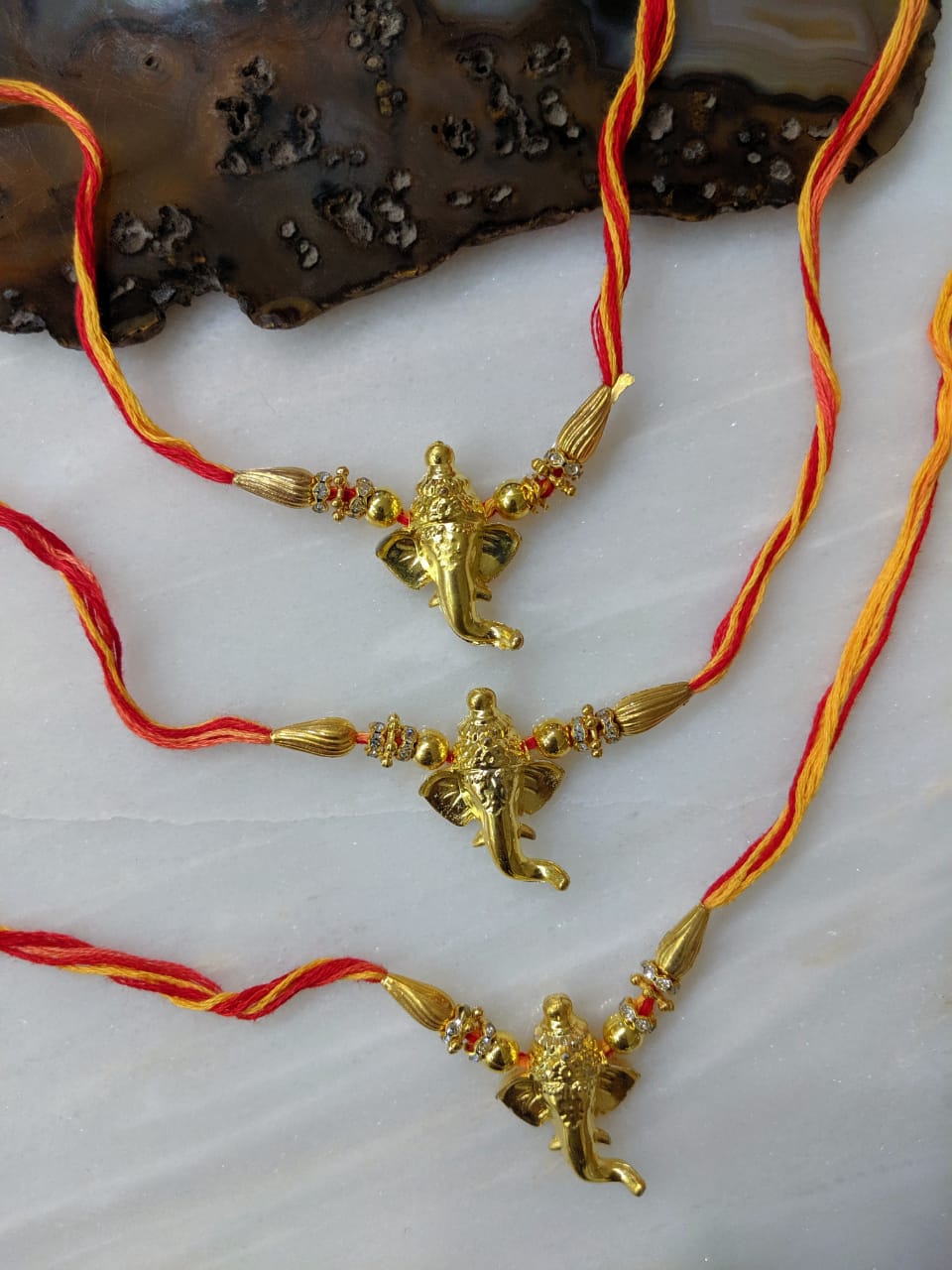Digital Dress Room (Set of 3) Designer Rakhi with Gold Plated Ganpati Bappa Bead Multicolor Thread Rakhi for Brother