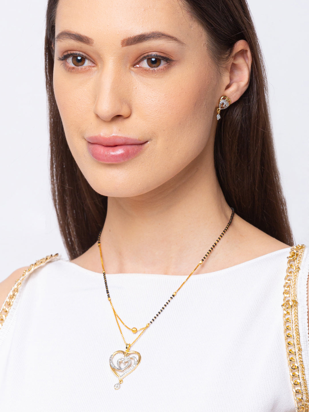 Digital Dress Room Digital Dress Room Diamond Gold Plated Short Mangalsutra set with Earrings मंगलसूत्र Latest Design/Cz Solitaire/Black Beads Chain Heart Love Shape Pendant  New Mangalsutra Designs For Women (20 Inches)