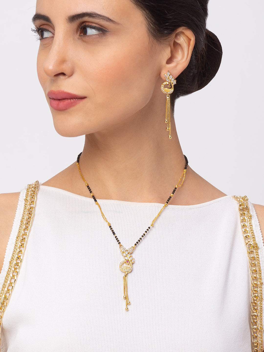 Digital Dress Room Digital Dress Room Diamond Gold Plated Short Mangalsutra set with Earrings मंगलसूत्र Latest Design/Cz Solitaire/Black Beads Chain Pikok Shape Pendant New Mangalsutra Designs For Women (23 Inches)
