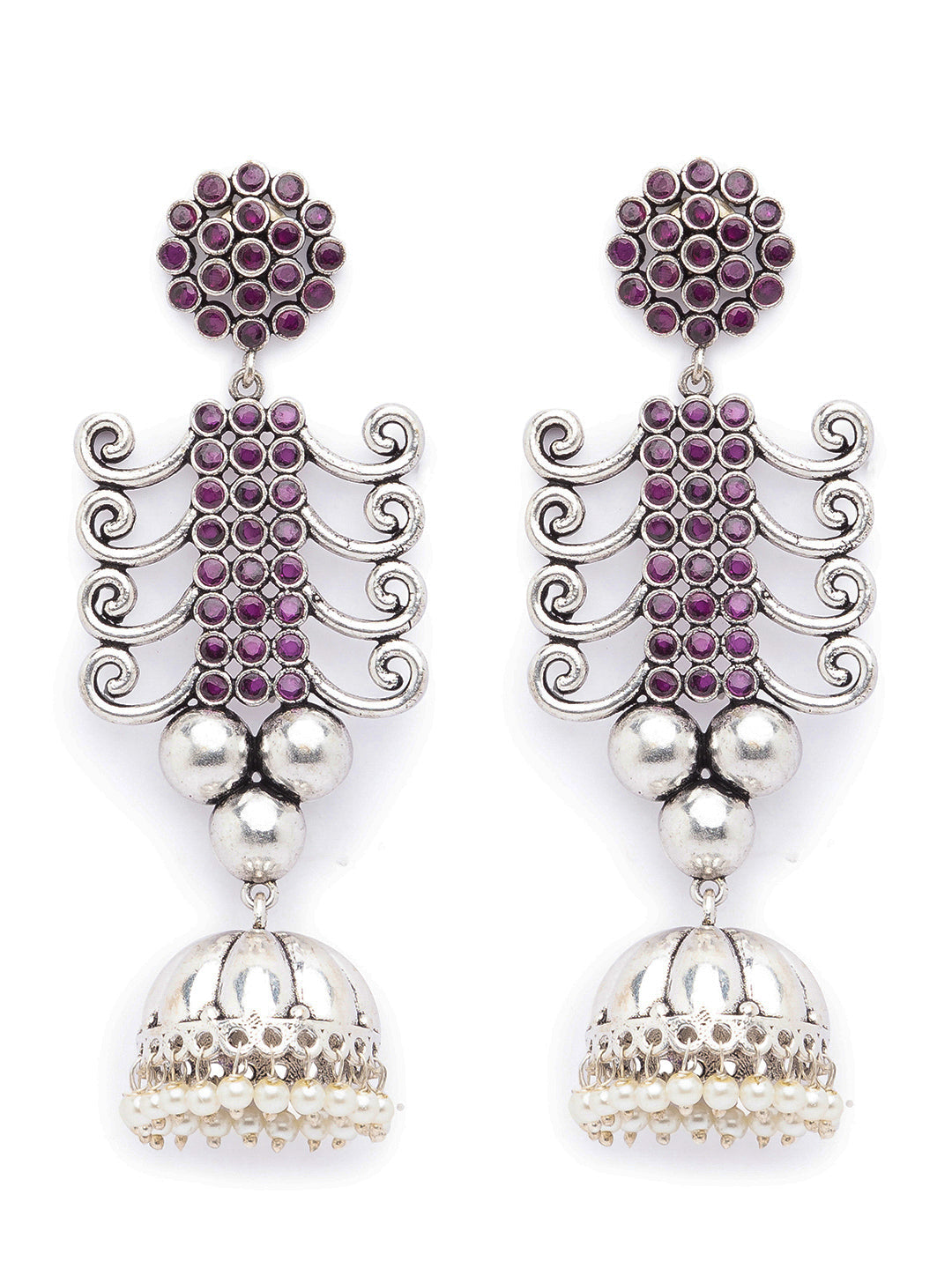 Antique German Silver Oxidized Earrings Tribal Design Engraved Stones Studded Pearl Dangler Jhumka