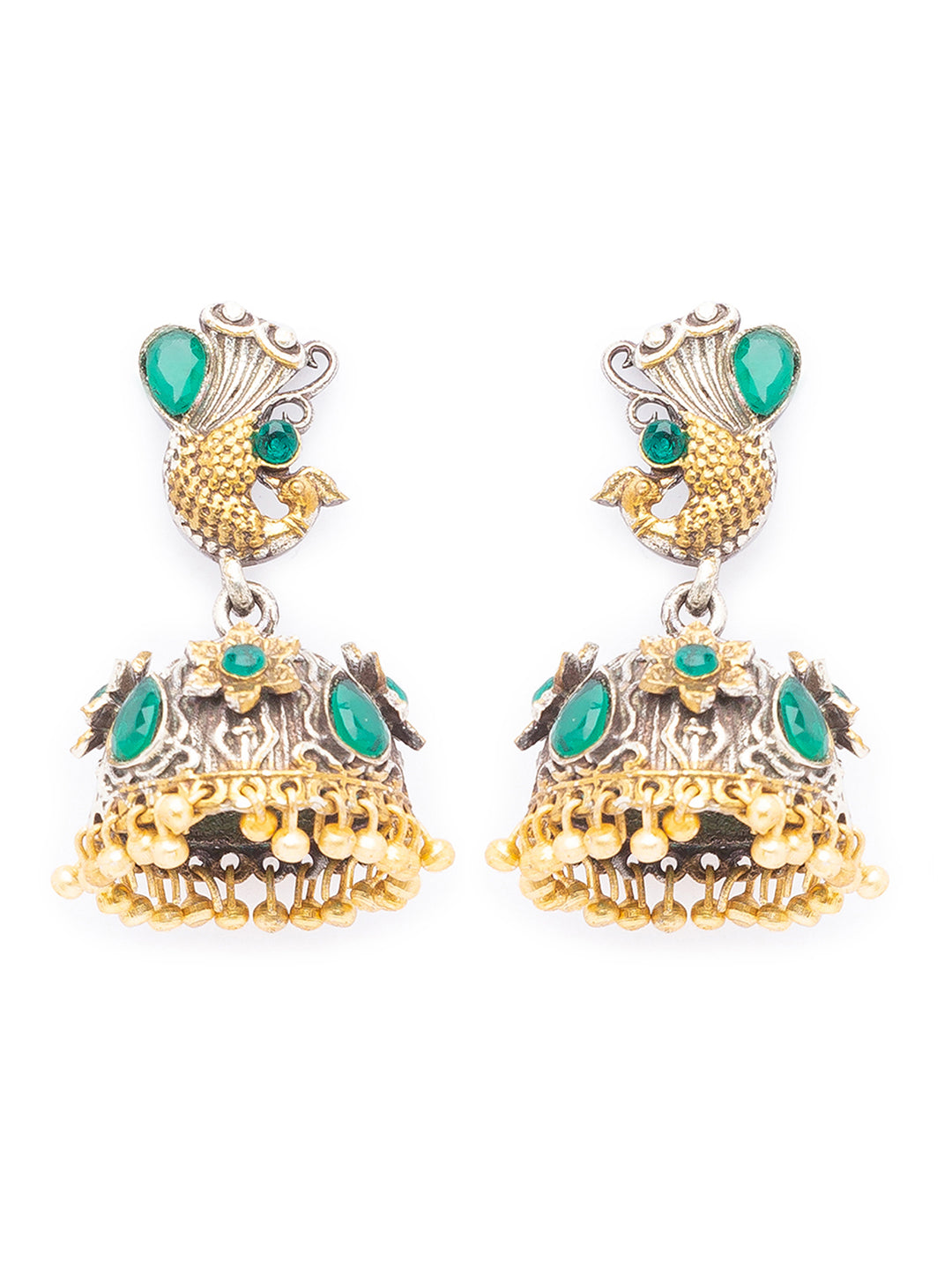 German Oxidized Silver Earrings Tribal Peacock Engraved Lightweight Stones Studded Danglers