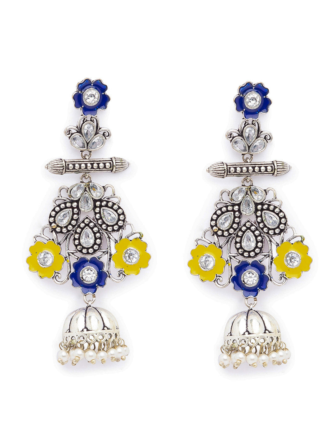 Antique German Silver Oxidized Earrings Floral Design Engraved Stone Studded Pearl Dangler Jhumka