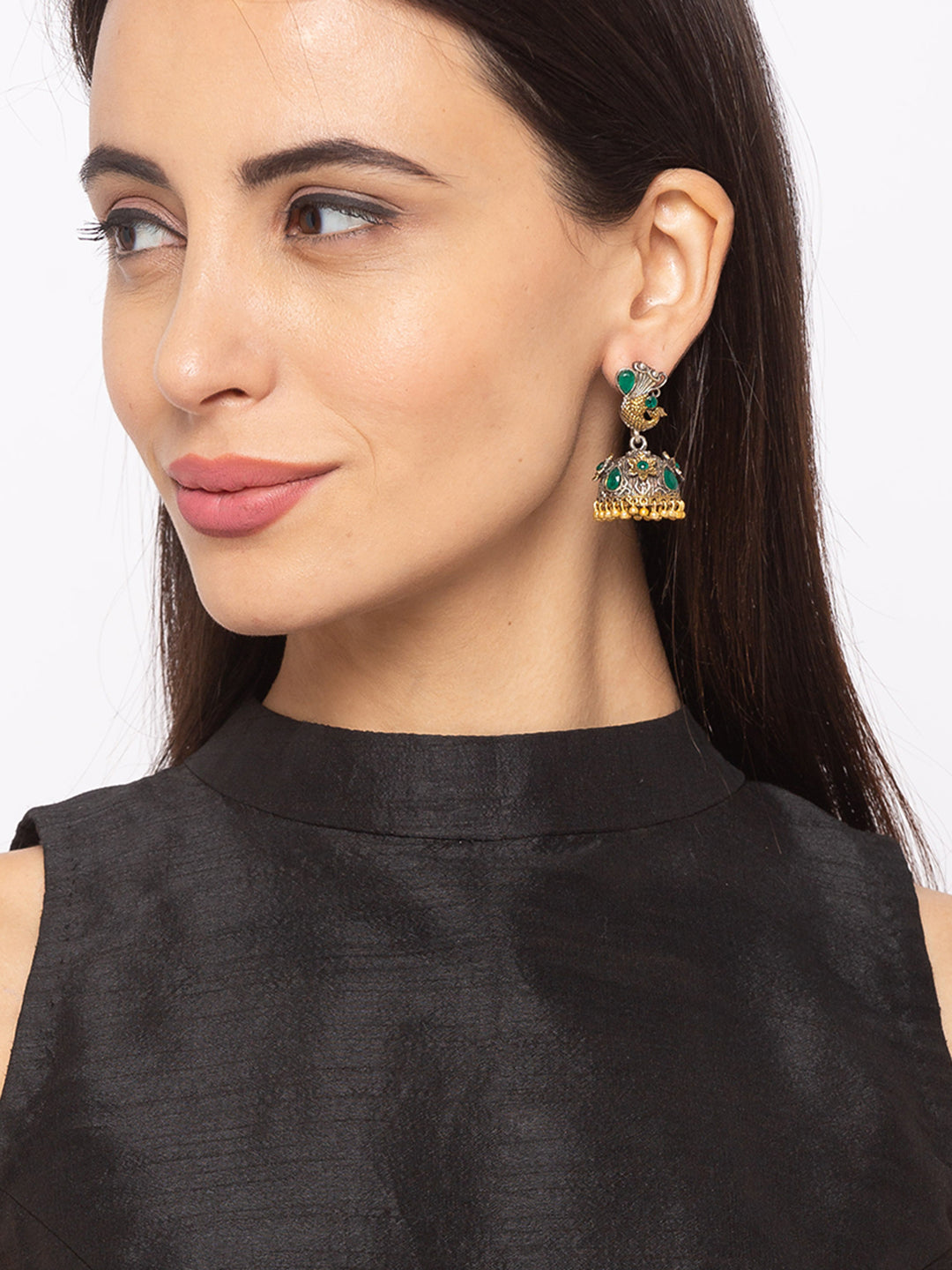 German Oxidized Silver Earrings Tribal Peacock Engraved Lightweight Stones Studded Danglers