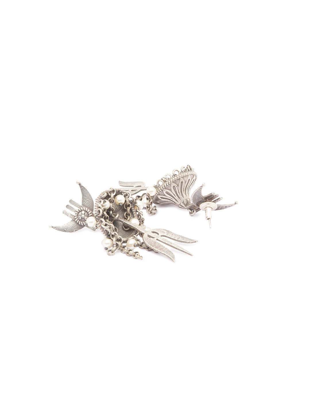 Antique German Silver Oxidized Earrings Chandbali Pearl Jhumkas Tribal Trishul Jhumki Earrings