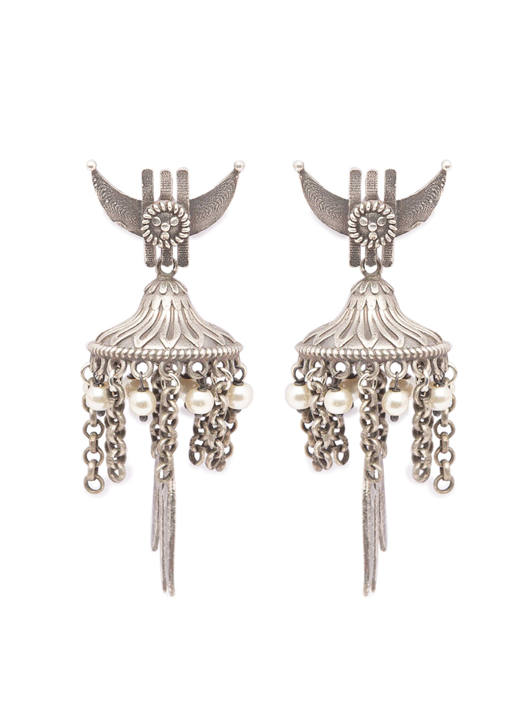 Antique German Silver Oxidized Earrings Chandbali Pearl Jhumkas Tribal Trishul Jhumki Earrings