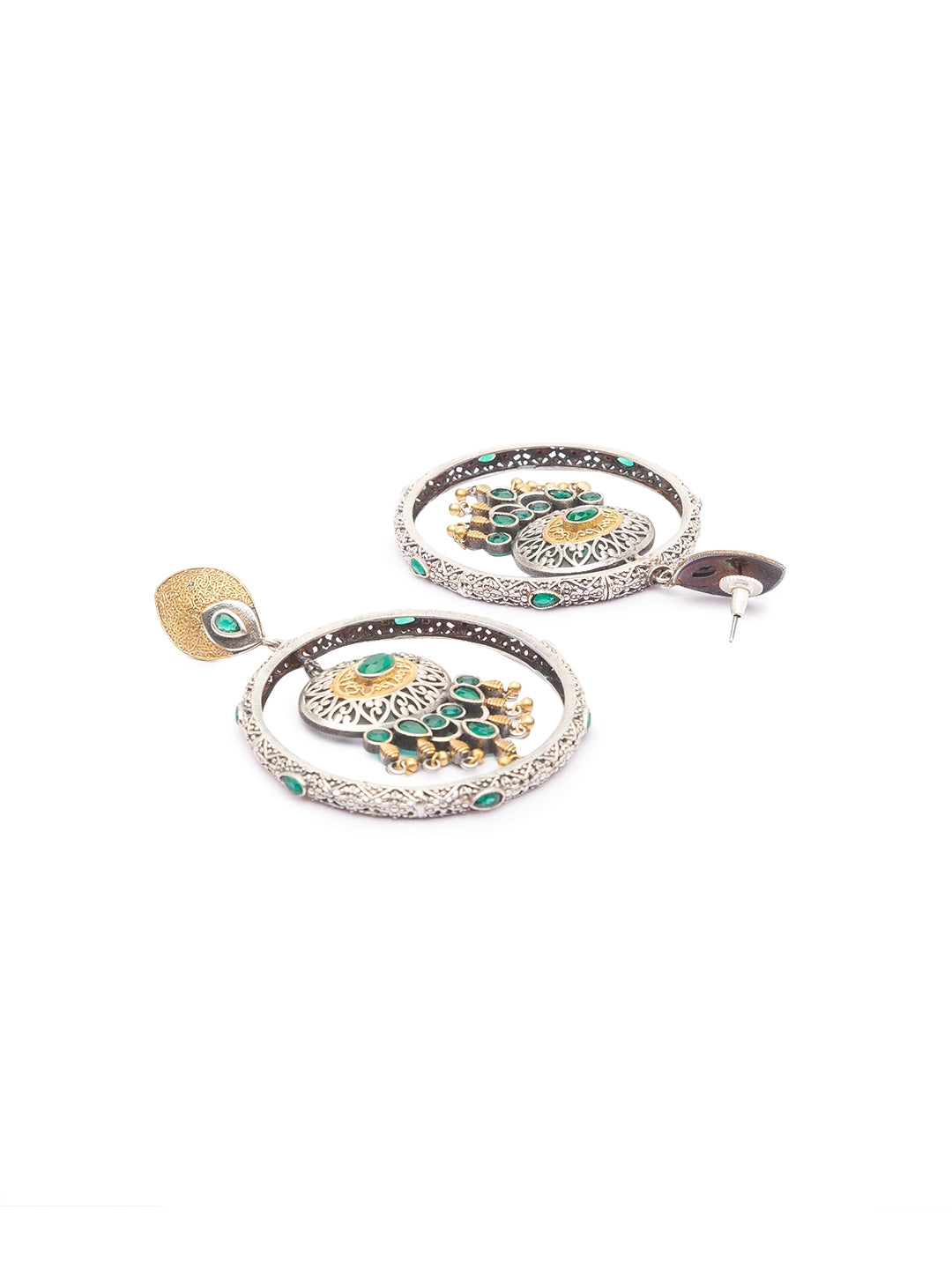German Oxidized Silver Earrings Antique Tribal Design Engraved Green Stones Studded Danglers