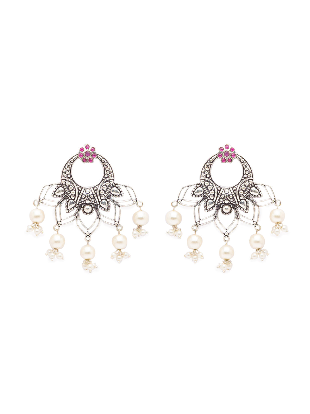 Antique German Silver Oxidized Earrings Flower Engraved Design Stone Studded Pearl/Beads Danglers