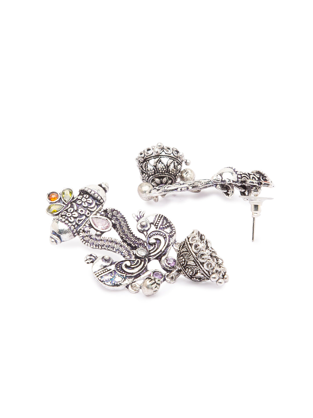 German Oxidized Silver Earrings Antique Tribal Peacock Design Engraved Lightweight Dangler Jhumka