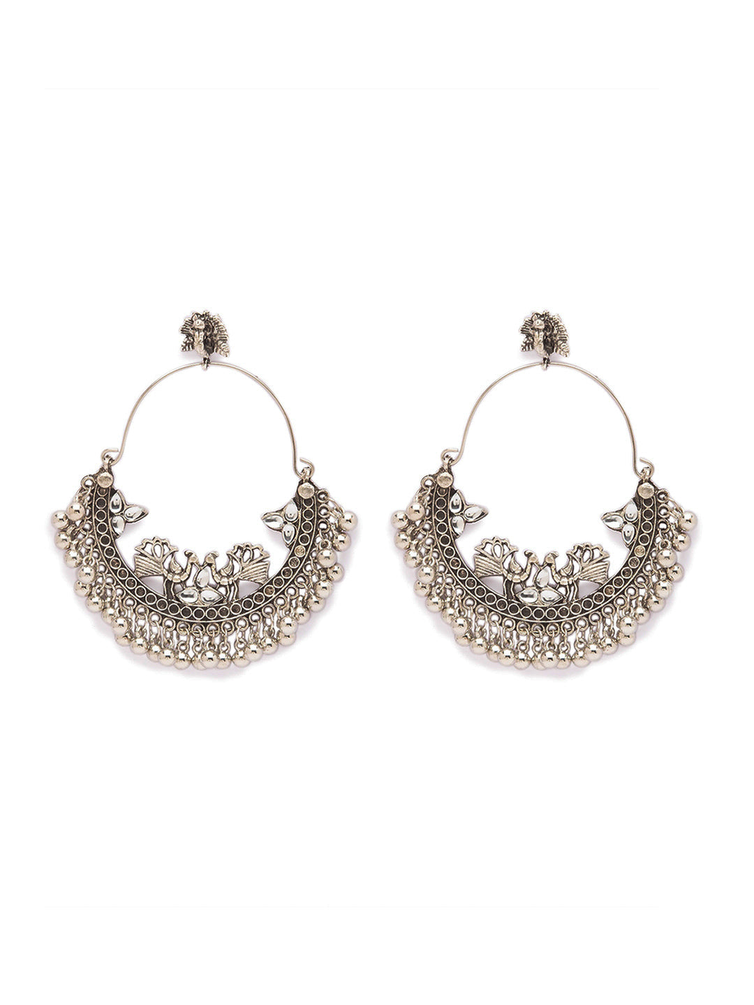 Antique German Silver Oxidized Earrings Peacock Engraved Design Stone Studded Gungroo Danglers