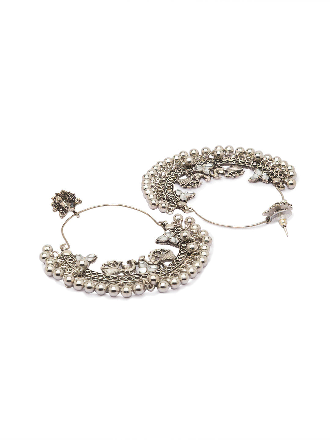 Antique German Silver Oxidized Earrings Peacock Engraved Design Stone Studded Gungroo Danglers