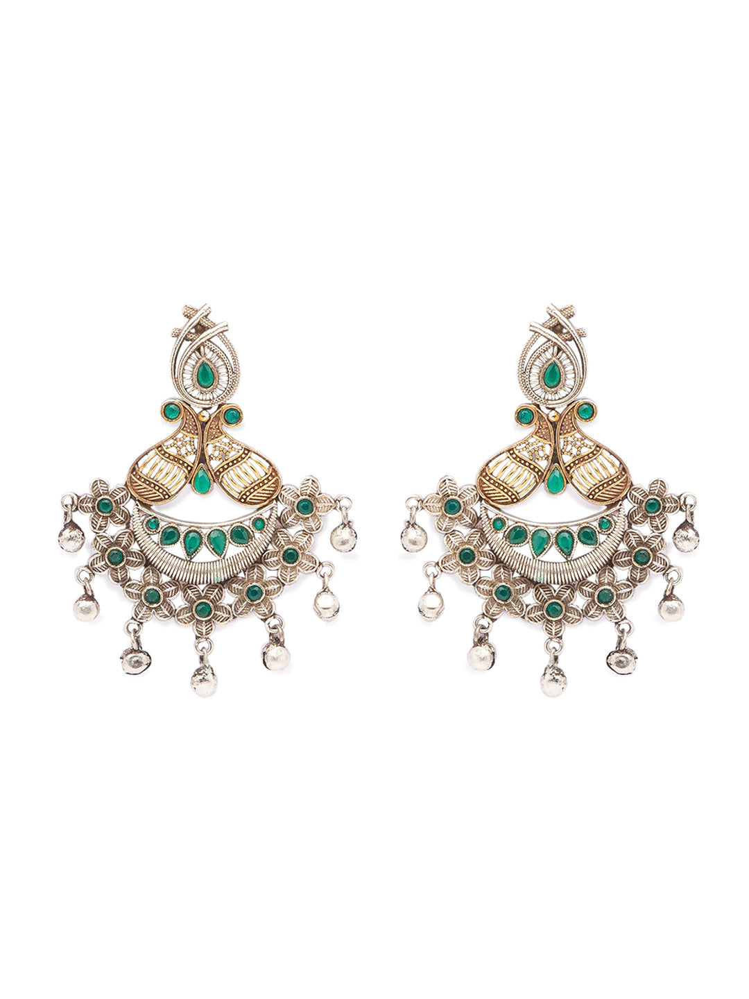 Antique German Silver Oxidized Earrings Tribal Chandbali Stone Studded Gungroo Dangler Jhumkas
