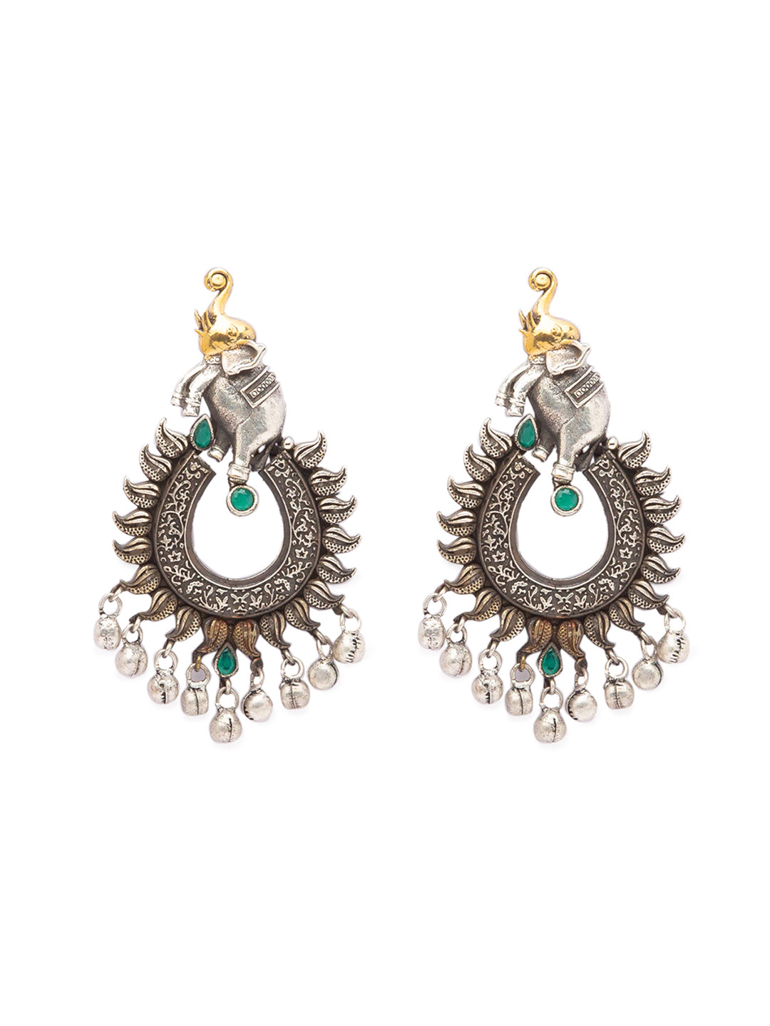 German Oxidized Silver Earrings Antique Tribal Trendy Elephant Engraved Gungroo Danglers