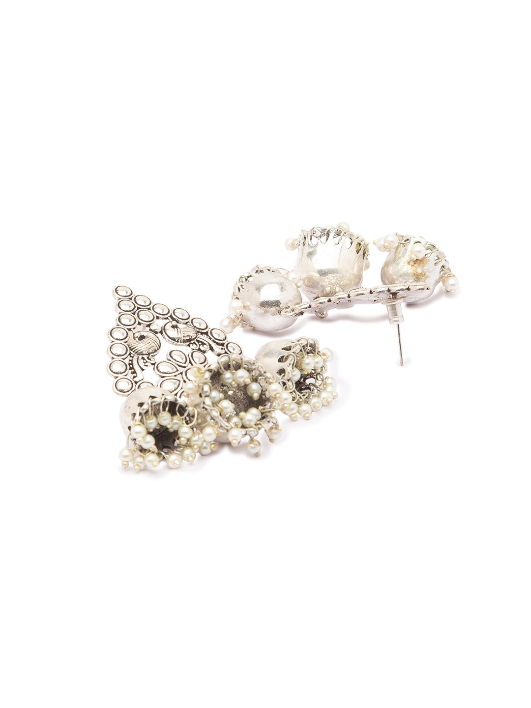 German Oxidized Silver Earrings Antique Tribal Trendy Peacock Floral Design Engraved Lightweight Pearl Gungroo Jhumka