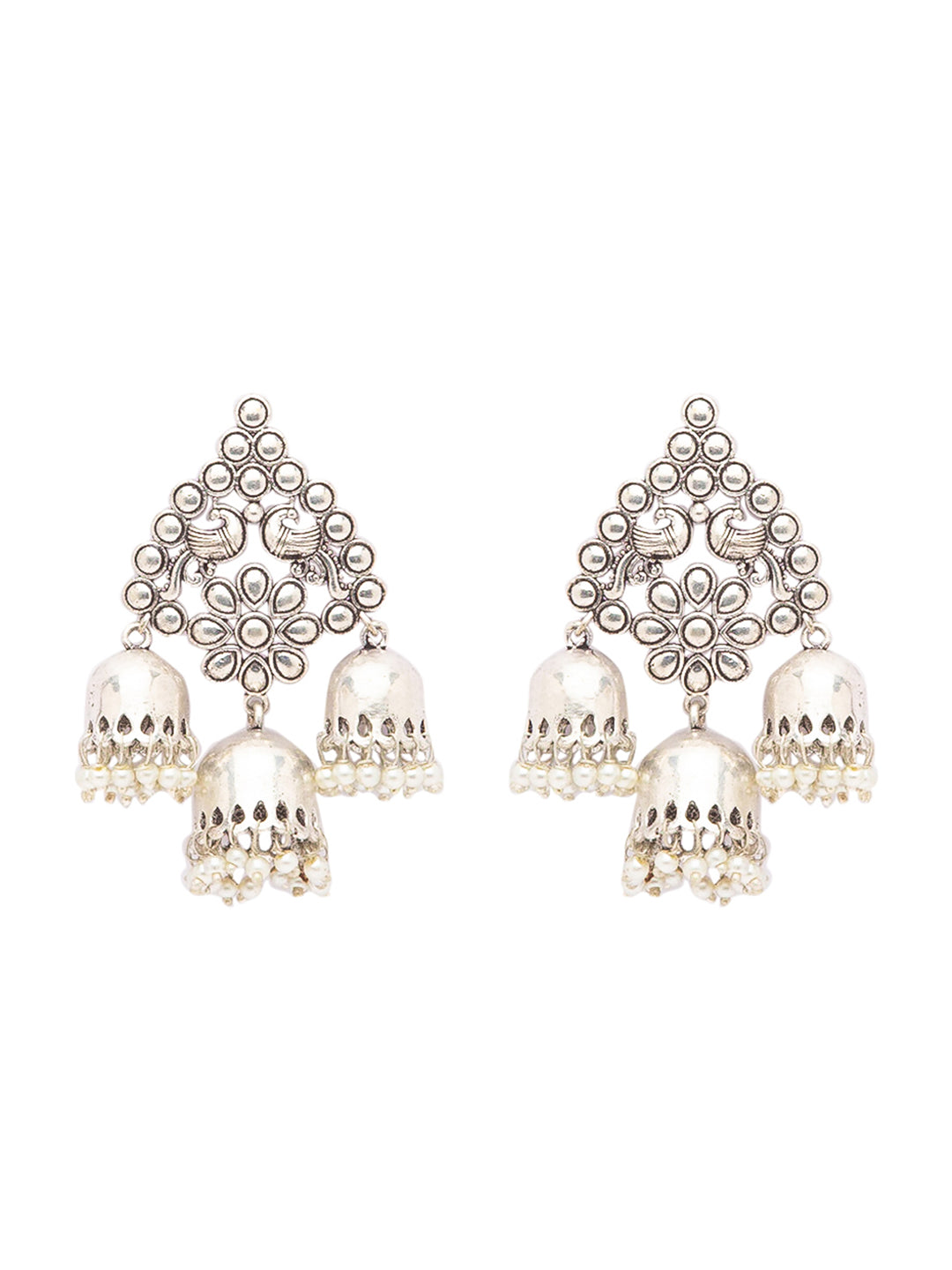 German Oxidized Silver Earrings Antique Tribal Trendy Peacock Floral Design Engraved Lightweight Pearl Gungroo Jhumka