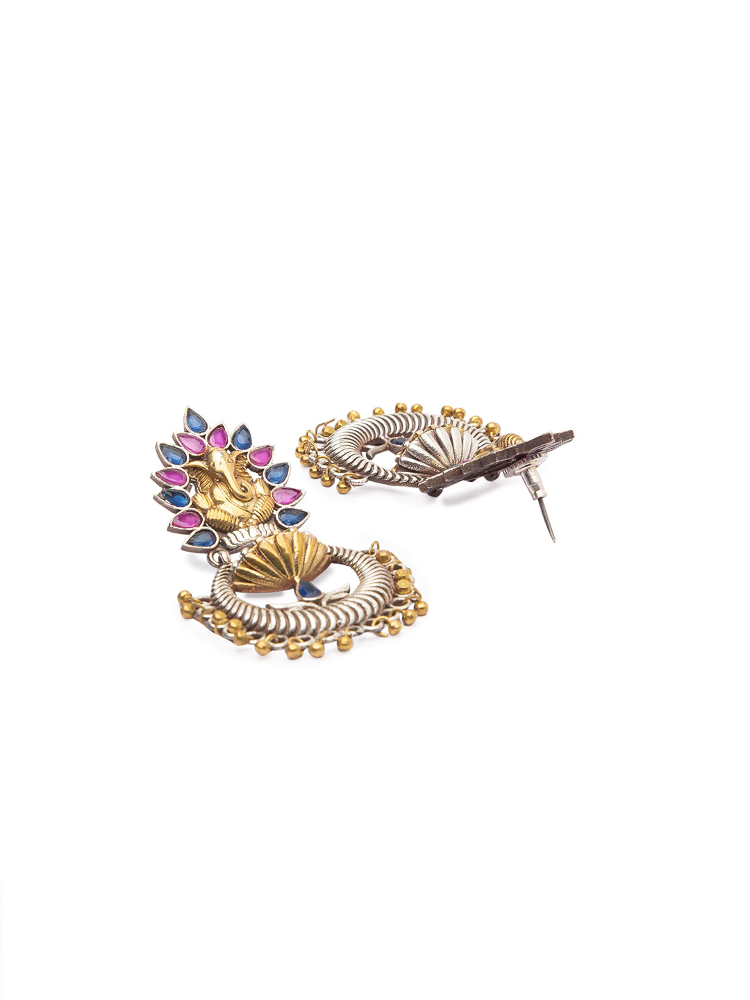 German Oxidized Silver Earrings Antique Ganesha Engraved Multicolor Stones Studded Gungroo Danglers