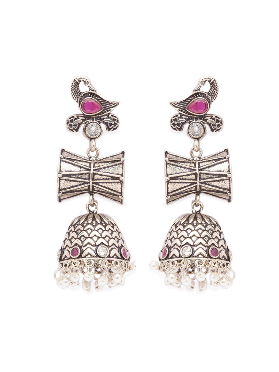 German Oxidized Silver Earrings Antique Tribal Peacock/Damru Engraved Lightweight Dangler Jhumka