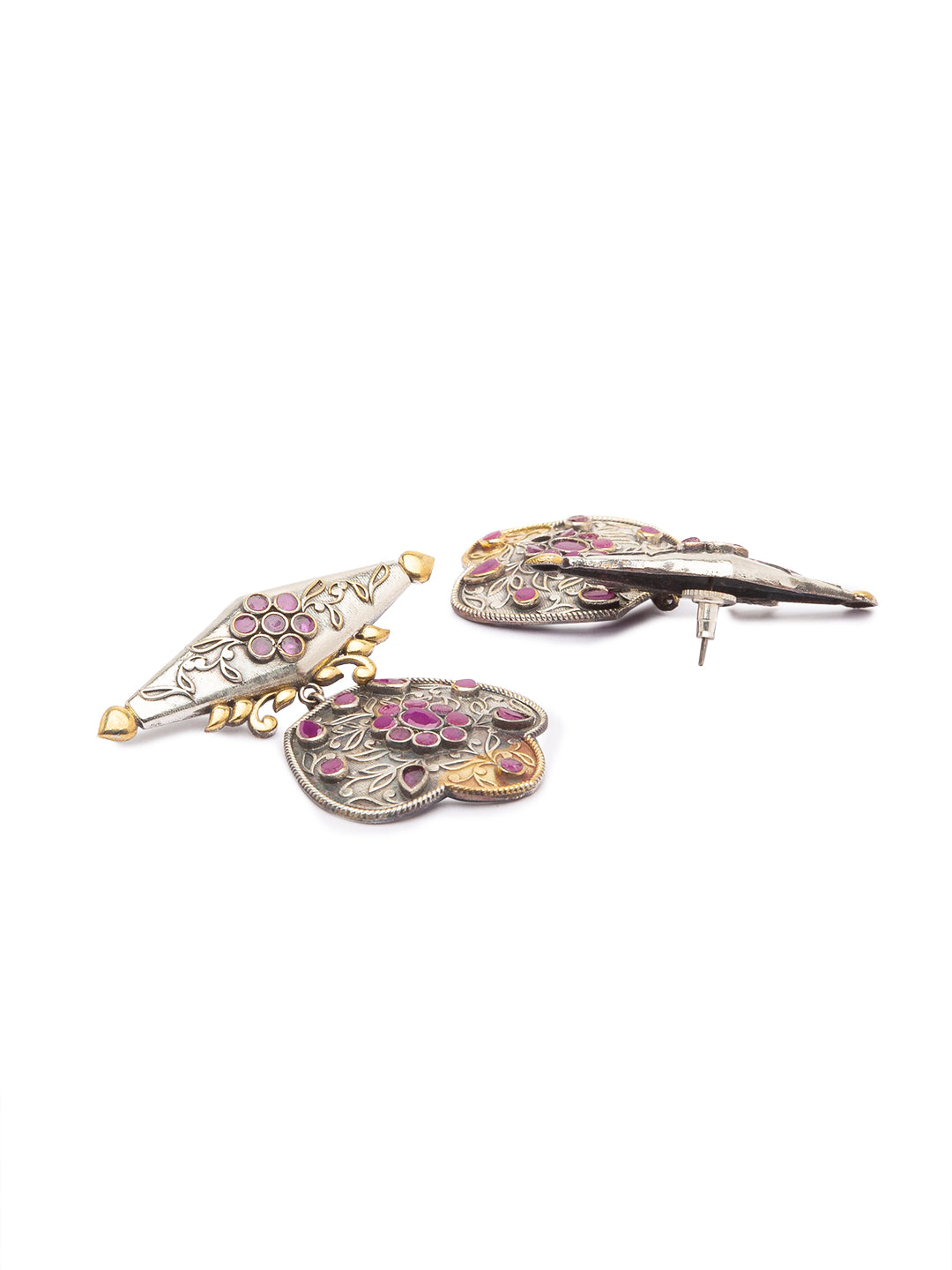 German Oxidized Silver Earrings Antique Tribal Design Engraved Pink Stone Studded Danglers
