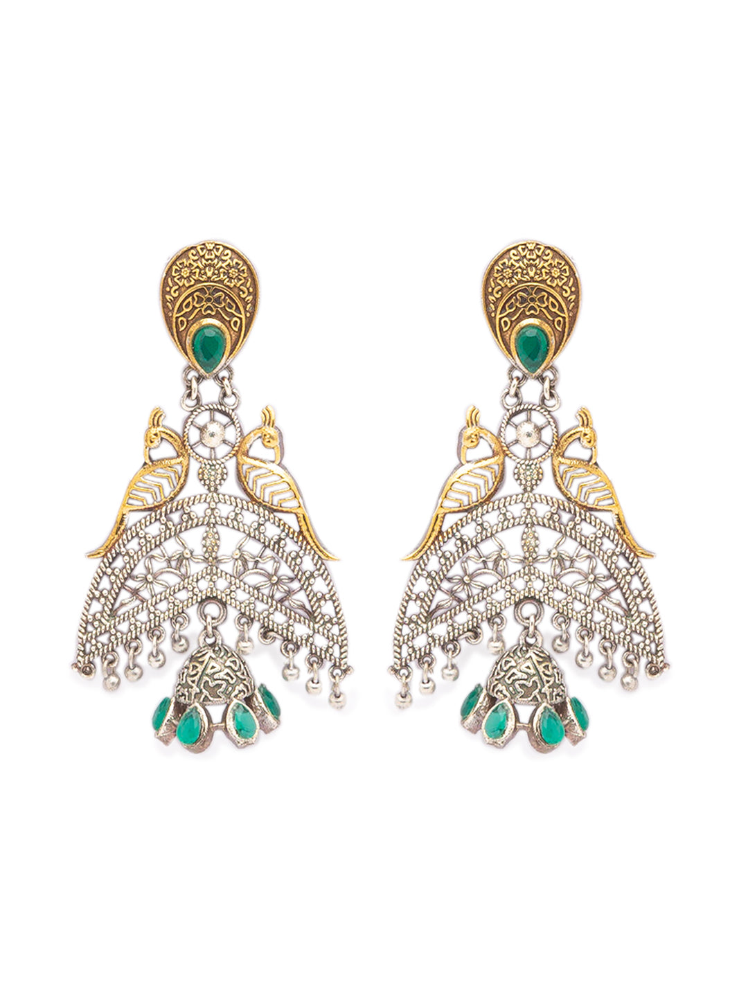 German Oxidized Silver Earrings Antique Tribal Trendy Peacock Design Engraved Danglers